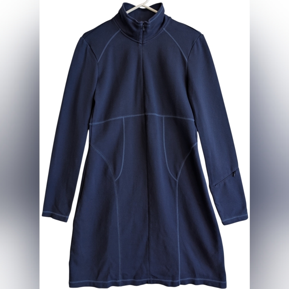 Athleta Mock Neck Zipper Dress Navy Blue Size Medium Athleisure Long Sleeve - Picture 1 of 6